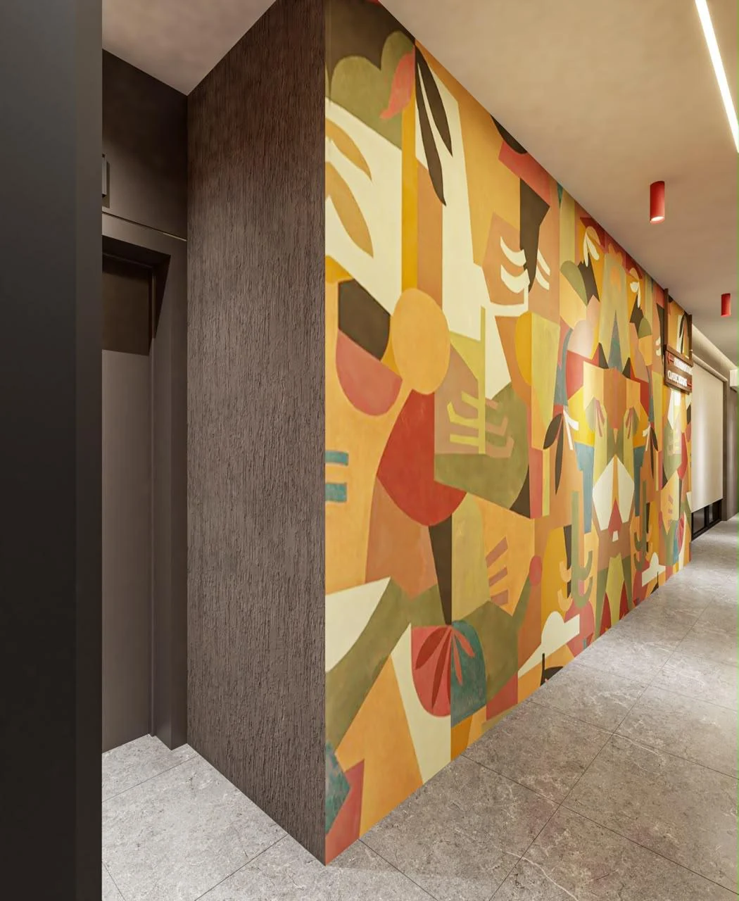 LARÁ interior design study featuring colourful artwork along a warm, intimate corridor